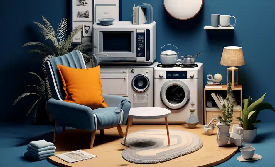 Artículos de Airbnb como muebles, electrodomésticos, plantas, toallas, tazas