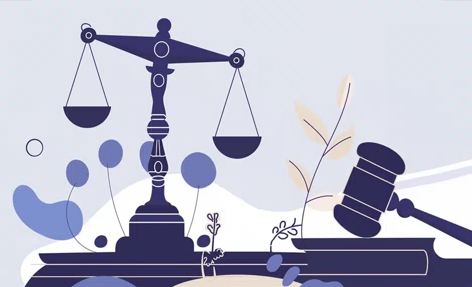 Cropped illustration Lady Justice, gavel, and scale representing vacation rental liability
